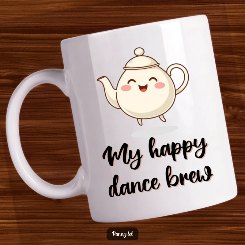 Funny ceramic mug with a cheerful, steaming teapot character joyfully dancing and spreading happiness.