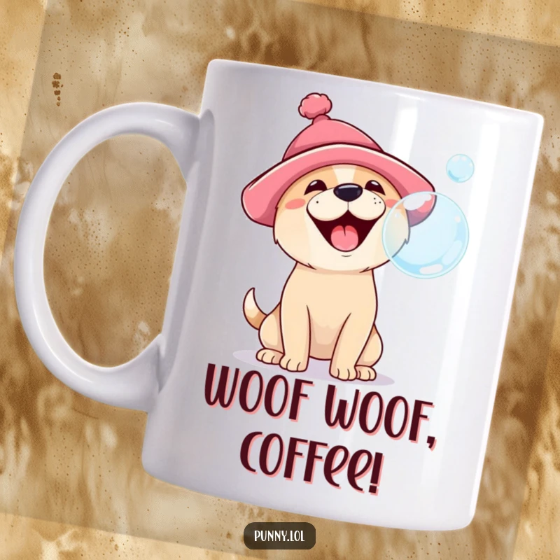 Funny mug showing a happy, excited dog wearing a silly hat and barking joyfully at a floating bubble, capturing playful energy.