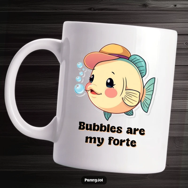 Funny fish mug with tiny hat blowing bubbles, a whimsical and comical illustration for a delightful beverage experience.