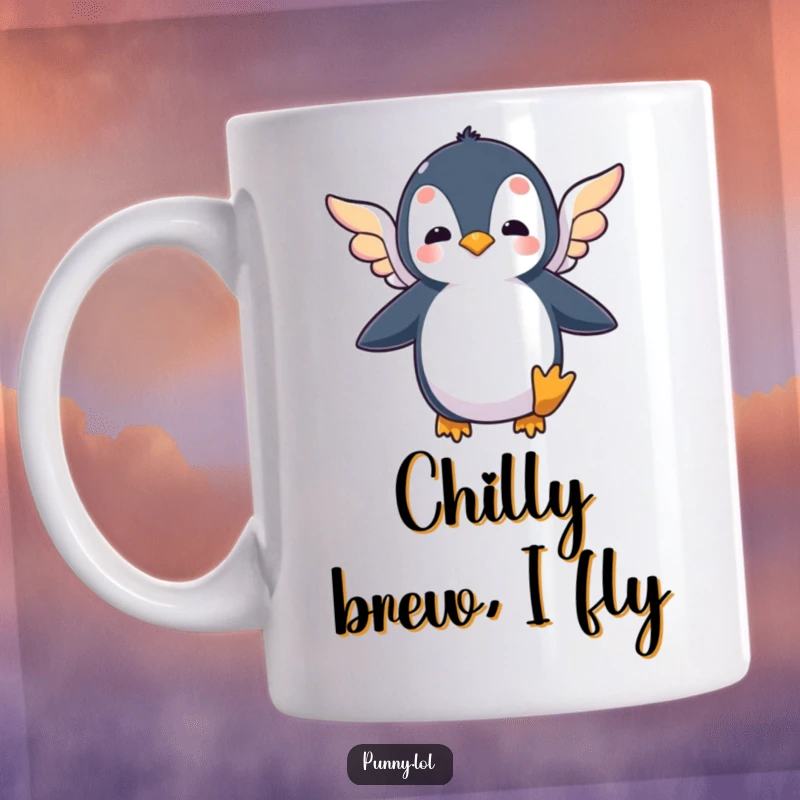 Funny mug featuring a silly penguin enthusiastically flapping tiny, colorful wings in a comical attempt to fly.