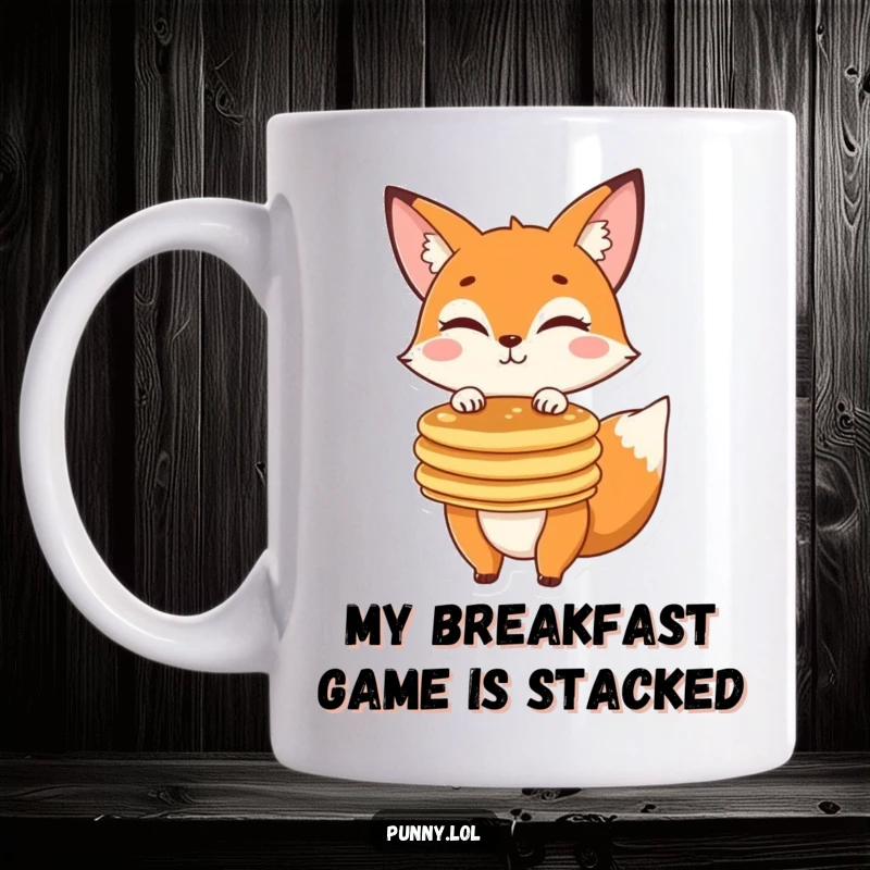 Funny fox winking while expertly balancing a tall stack of pancakes on a coffee mug, a comical breakfast scene.