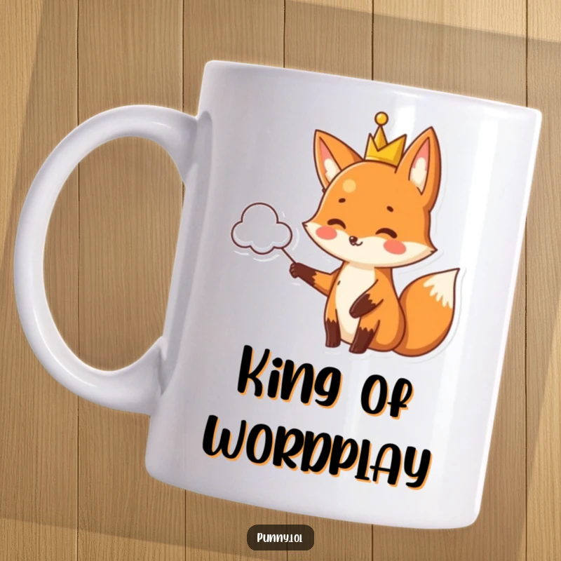 Funny fox mug wearing a crown, pointing at a cloud shaped like a pun, a witty and regal character.