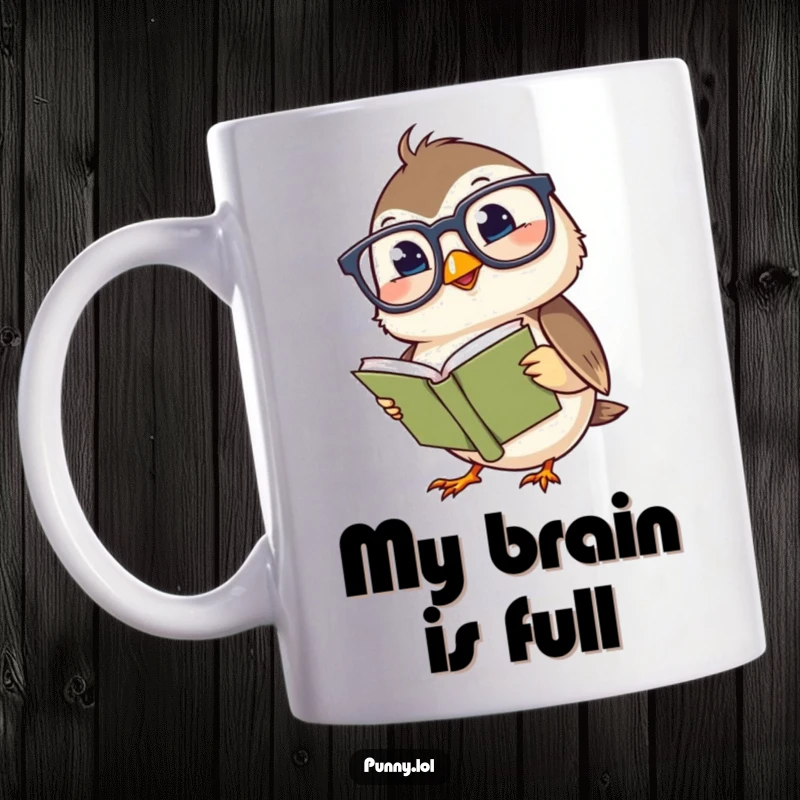 Funny chickadee wearing large spectacles, giggling while engrossed in a miniature book, a delightful and humorous scene for any mug.