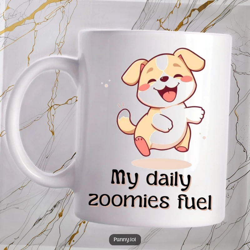 Funny dog mug showing a delighted puppy gleefully spinning in circles, chasing its own tail with pure canine excitement.