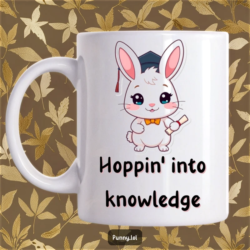 Funny graduation mug featuring a happy rabbit heroically holding a diploma and wearing a small graduation cap, ready for its next adventure.