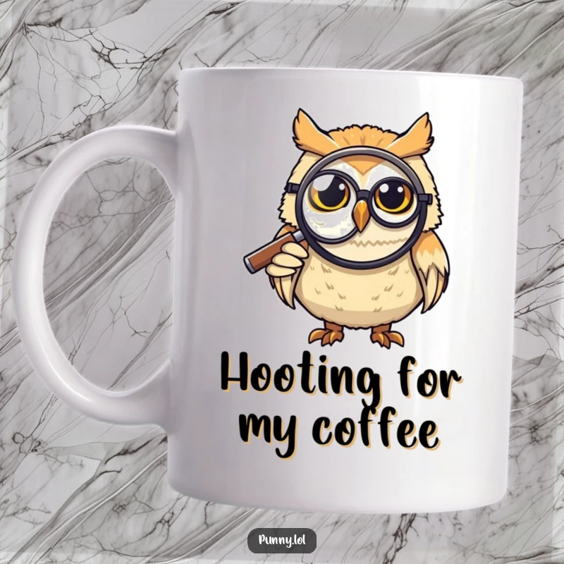 Funny Mug: A grinning owl in a monocle uses a giant magnifying glass, searching for something with an amused expression, perfect for gift-givers.