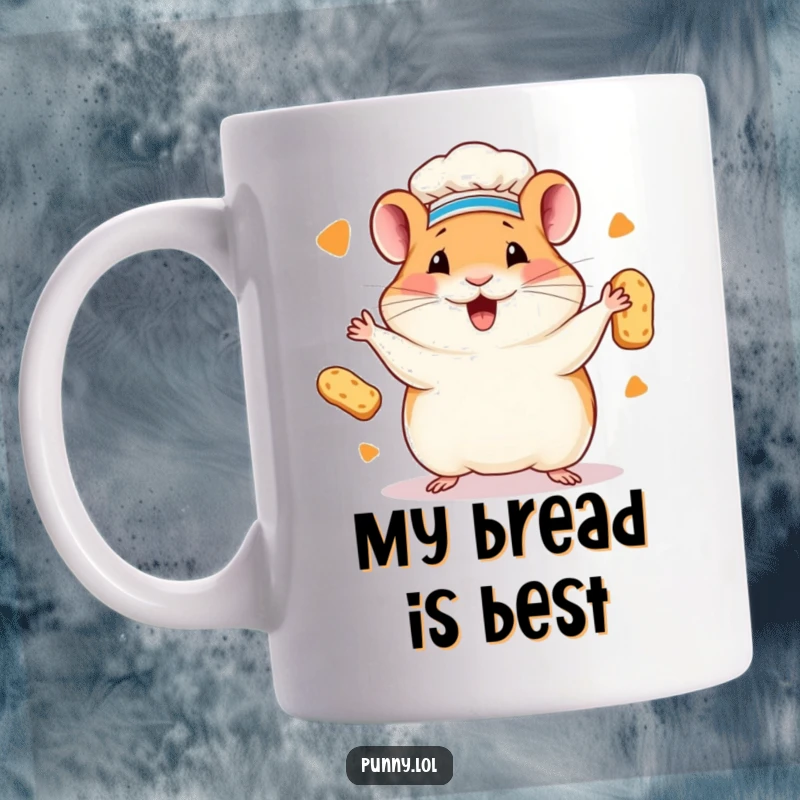 Funny hamster chef mug featuring a happy hamster in a chef hat juggling tiny bread loaves. Humorous gift for pet and baking enthusiasts.