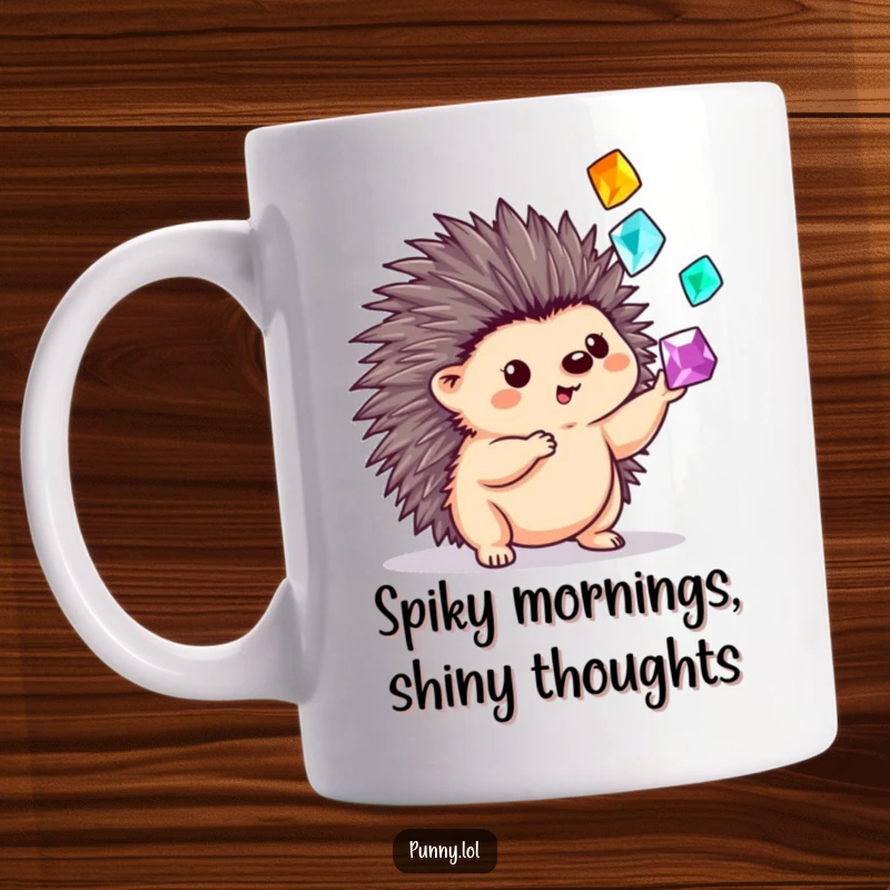 Funny mug featuring a cute hedgehog skillfully juggling three shiny gems using its quills, showcasing playful dexterity and treasure.