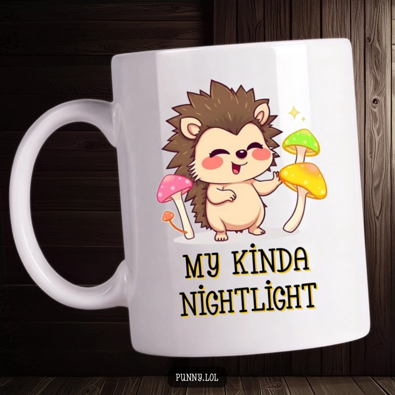Funny mug featuring a giggling hedgehog character expertly juggling a pile of vibrant, glowing mushrooms with a joyful expression.