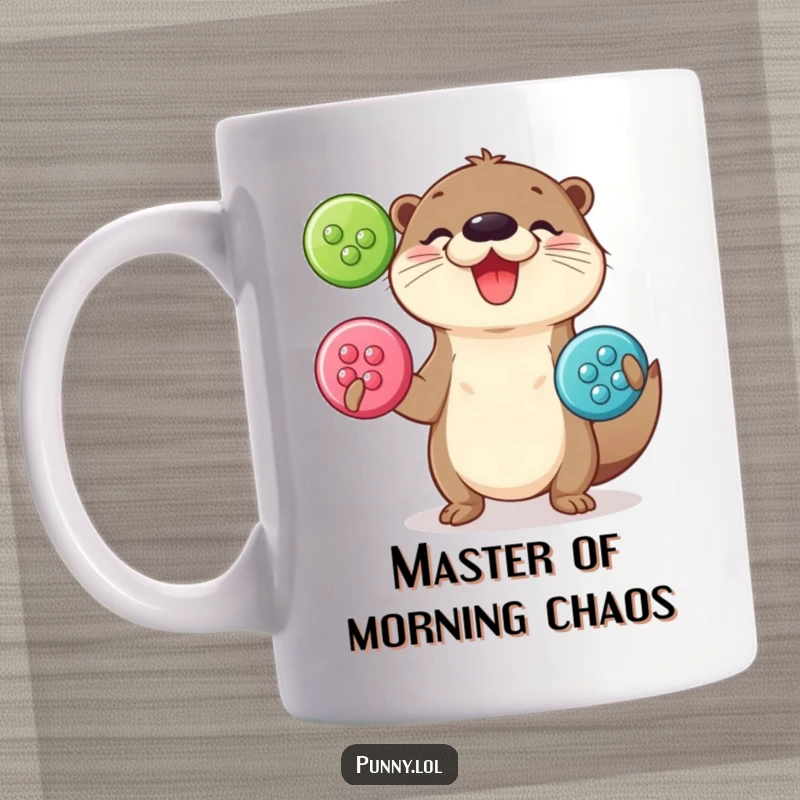 Funny Mug: A playful otter joyfully juggling three shiny, oversized buttons, printed on a delightful mug.