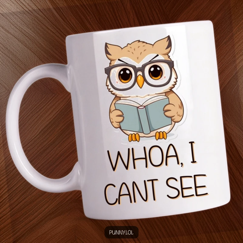 Funny Owl Mug showing a surprised owl wearing oversized glasses, engrossed in a tiny book, a humorous and smart funny gift.