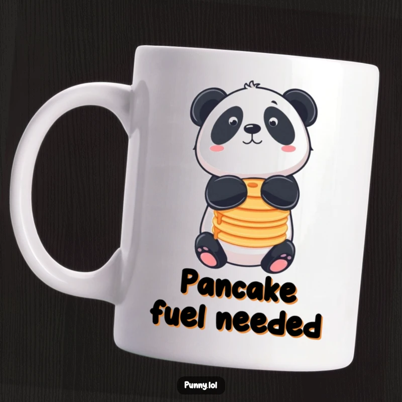 Funny mug of a playful panda balancing a stack of pancakes on its nose, celebrating breakfast.