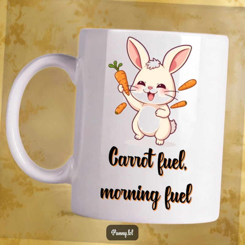 Funny rabbit mug showing a cheerful bunny skillfully juggling three vibrant carrots with intense concentration.