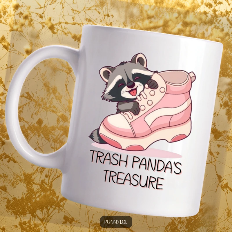 Funny Raccoon Shoe Hug Mug: A playful raccoon gleefully hugs a giant inflatable shoe, radiating pure happiness.
