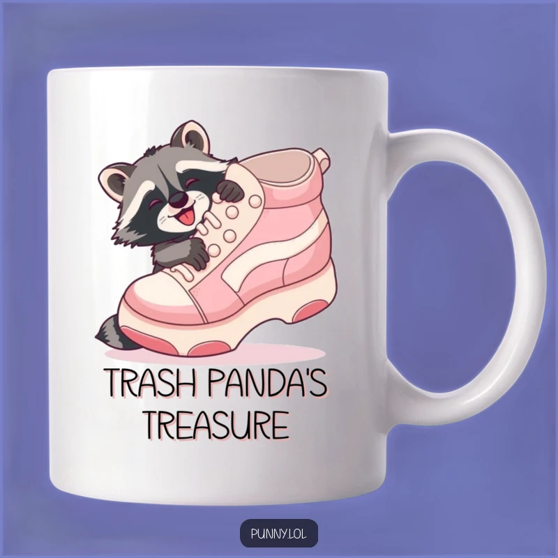 Funny Raccoon Shoe Hug Mug: Playful raccoon loves a giant shoe, a quirky funny gift!