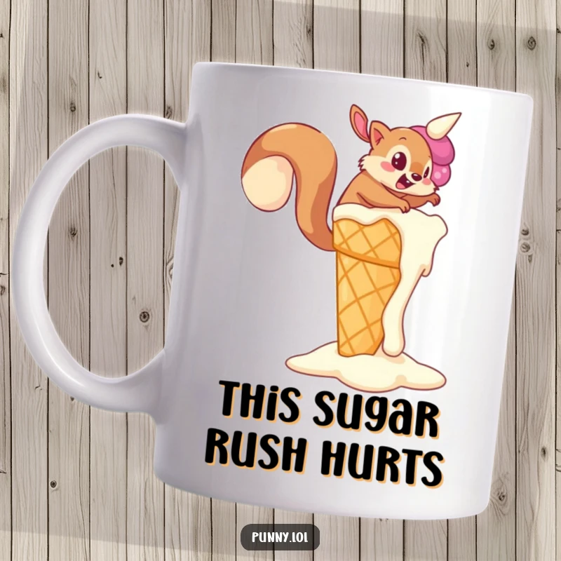 Funny Squirrel Mug showing a determined squirrel attempting to climb a giant, melting ice cream cone, a humorous and sweet funny gift.
