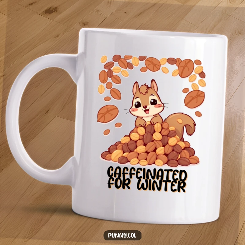Funny mug of a happy squirrel surrounded by a massive pile of nuts, symbolizing abundance and cheerful hoarding.