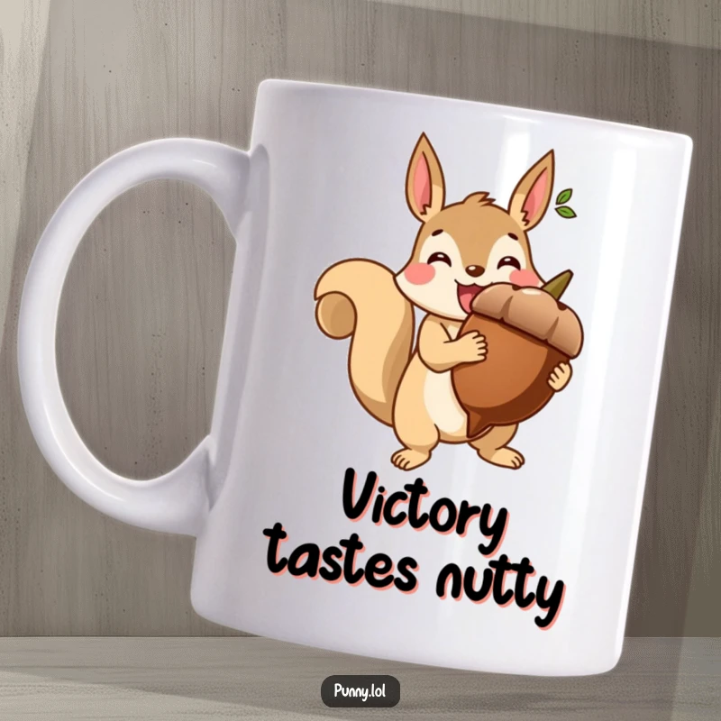 Funny mug featuring a beaming squirrel holding a giant acorn like a trophy with immense pride.