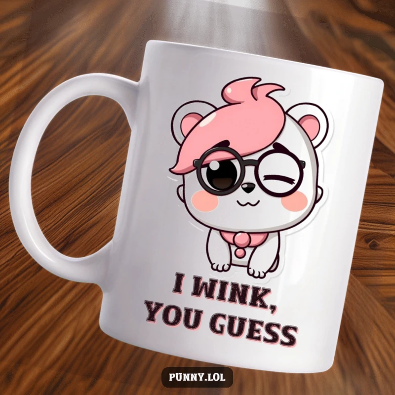 Funny mug featuring a playful character with a monocle, winking with a raised eyebrow, exuding charm and wit.