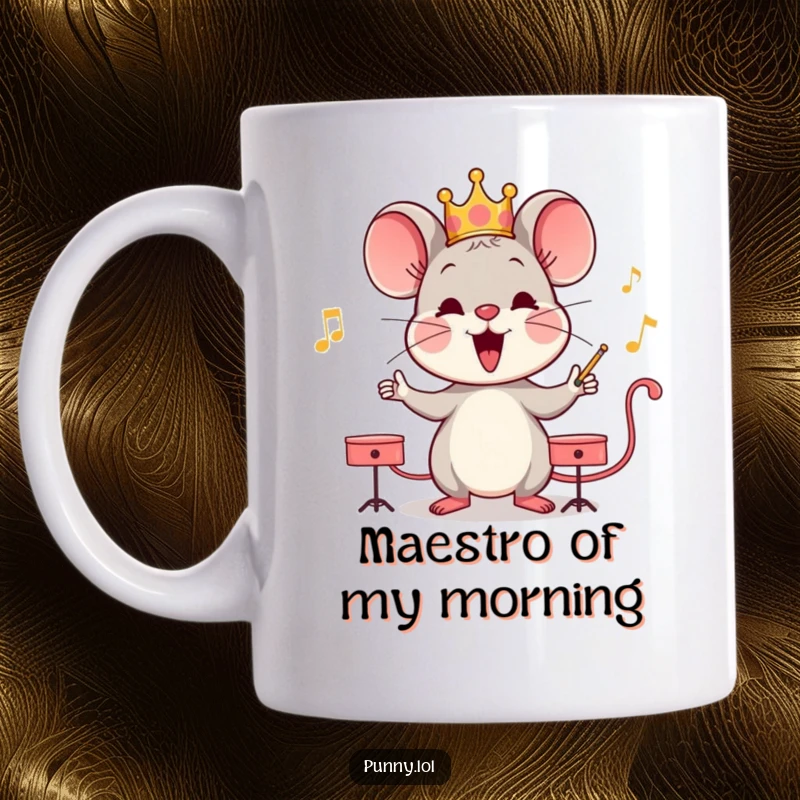Funny happy mouse wearing a tiny crown, conducting an imaginary orchestra with a baton on a coffee mug.