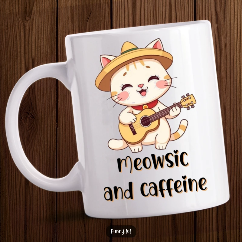 Funny mug featuring a smiling cat wearing a small sombrero and playing a tiny guitar with enthusiasm.