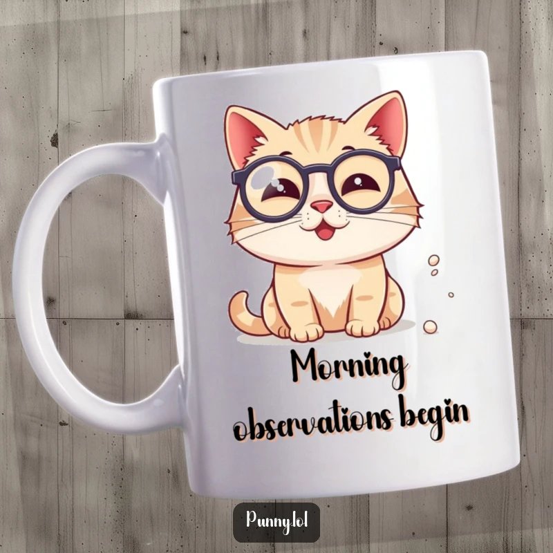 Funny Cat Monocle Mug: A dapper cat wearing a monocle intently studies a tiny speck of dust.