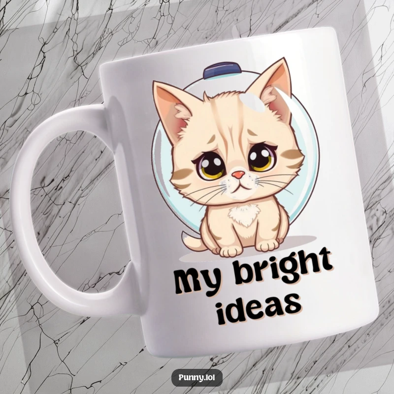 Funny mug showing a confused cat trying to put a fishbowl on its head as a helmet, wide-eyed.