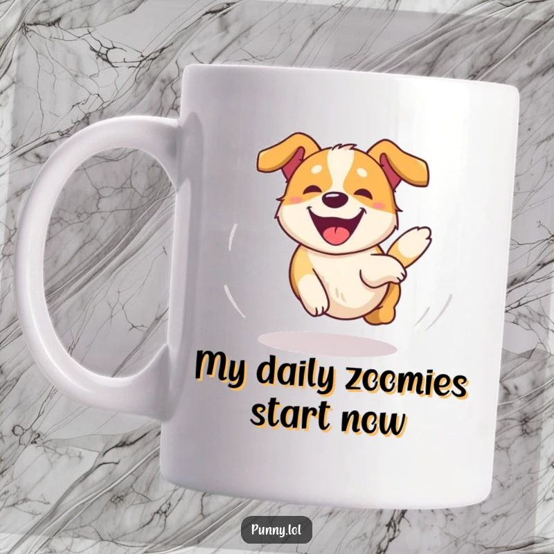 Funny Dog Mug showing a happy, dizzy dog joyfully chasing its tail in an overjoyed circle, a hilarious gift idea.