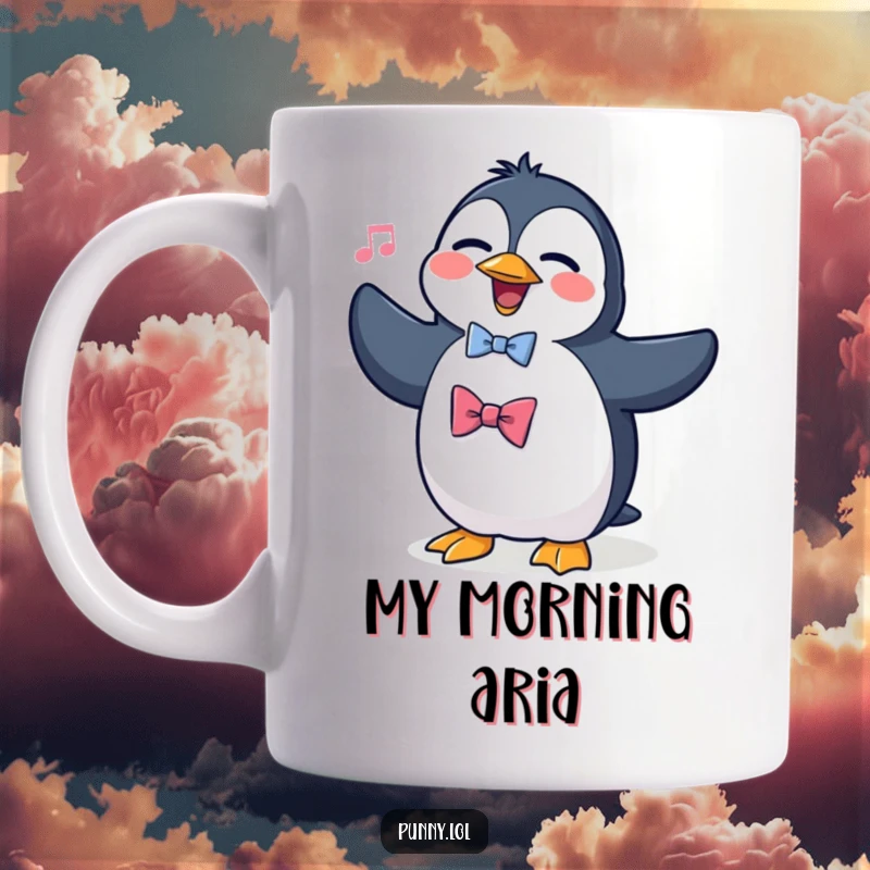 Funny mug featuring a silly penguin wearing a bowtie, dramatically attempting to sing opera with a passionate and humorous expression.
