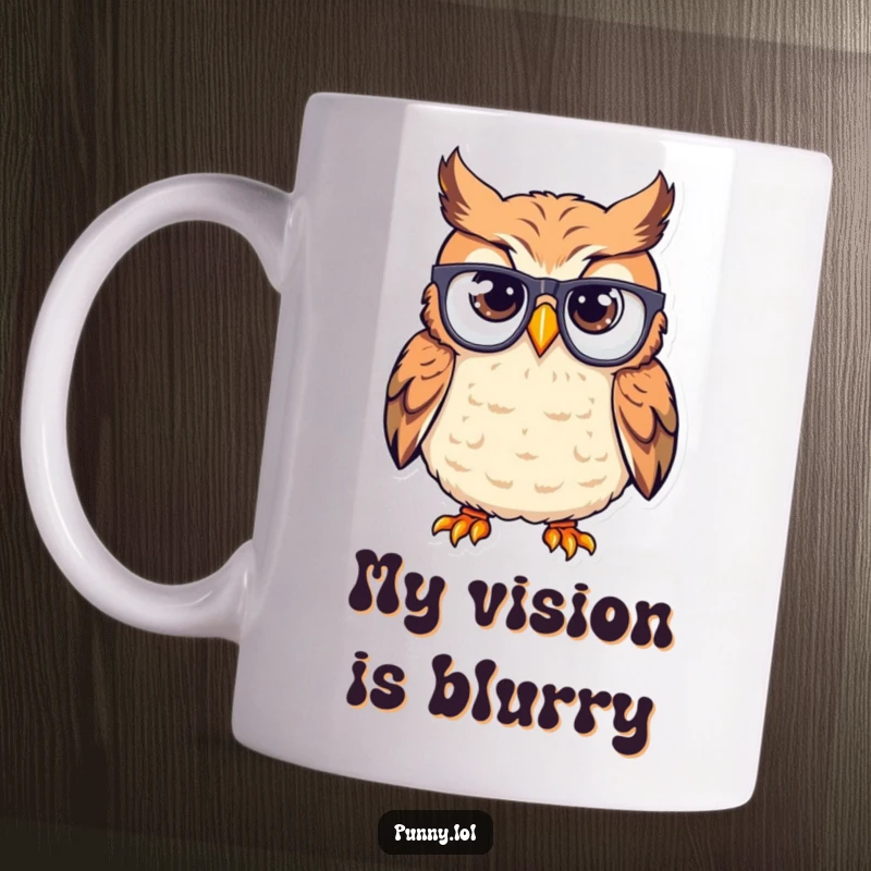 Funny mug of a bewildered owl wearing eyeglasses upside down on its beak, a comical and relatable design.