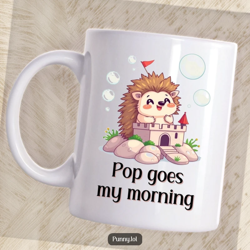 Funny hedgehog happily building a castle out of iridescent floating bubbles, a whimsical and cheerful design for any mug.