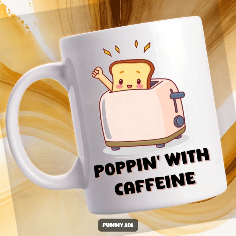 Funny, tiny toast triumphantly popping out of a toaster, depicted on a humorous mug, celebrating breakfast wins.