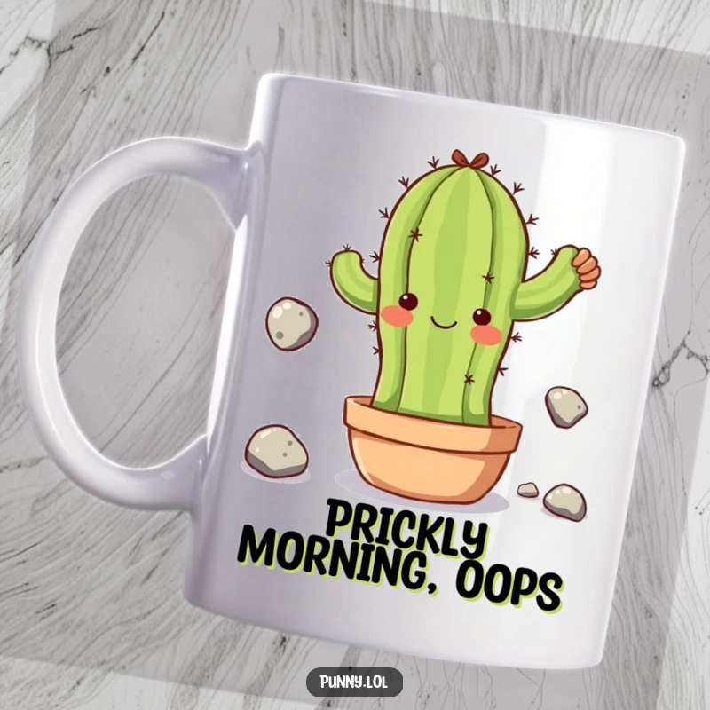 Funny mug featuring a clumsy cactus character attempting to juggle small stones, embodying effort and endearing awkwardness.