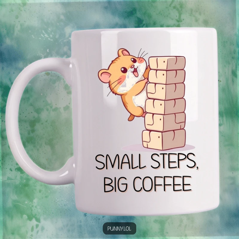 Funny hamster mug showing a small, focused rodent with great effort attempting to scale a significantly tall block.