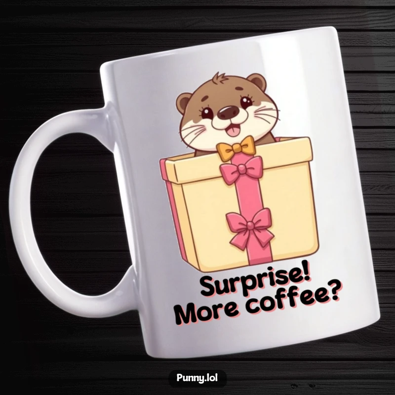 Funny mug showing a happy otter in a bow tie peeking out of a giant gift box, perfect for gift-giving.
