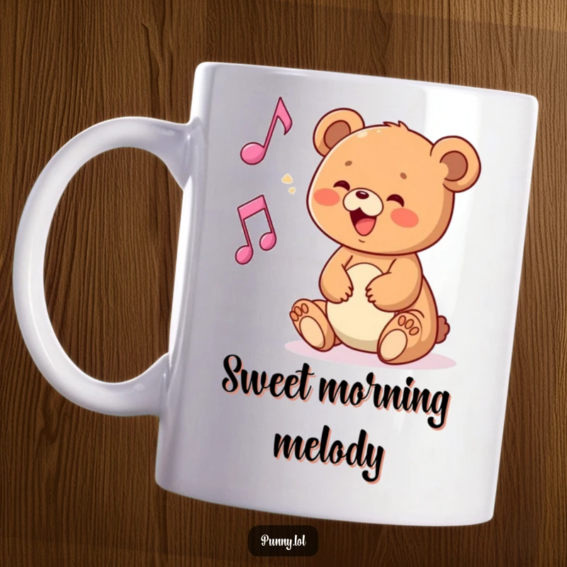 Funny mug of a delighted bear cub playfully interacting with a floating musical note, celebrating music.