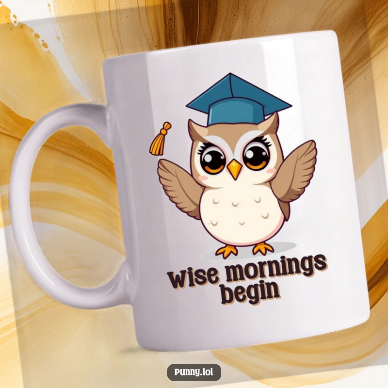 Funny mug featuring a proud owl in a graduation cap, joyfully tossing its tassel, celebrating academic success.