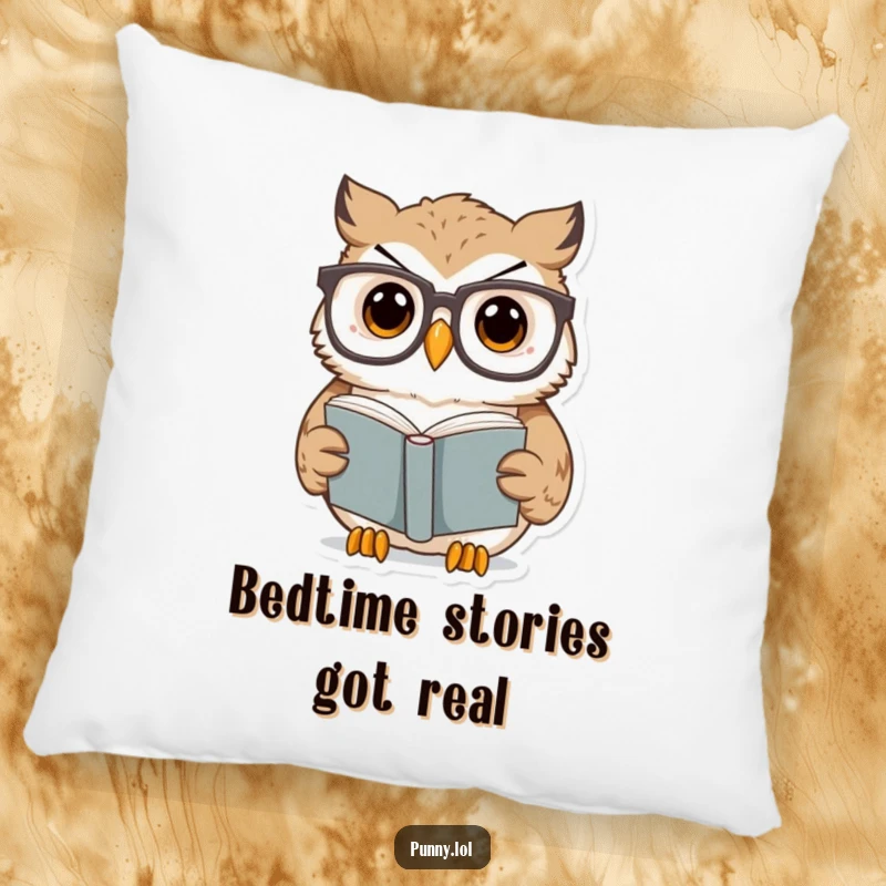 Funny Owl Pillow showcasing a surprised owl in oversized glasses reading a tiny book, perfect for comfort and a funny gift.