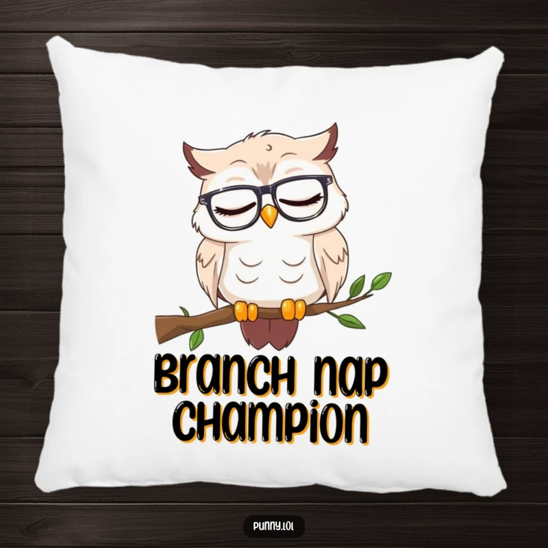 Funny pillow featuring a sleepy owl in reading glasses dozing on a branch, offering plush comfort and a humorous take on wisdom.