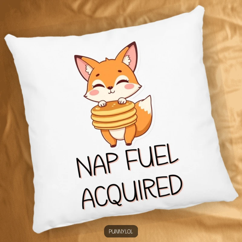 Funny fox winking while balancing pancakes on a soft pillow, bringing comfort and humor to any living space.