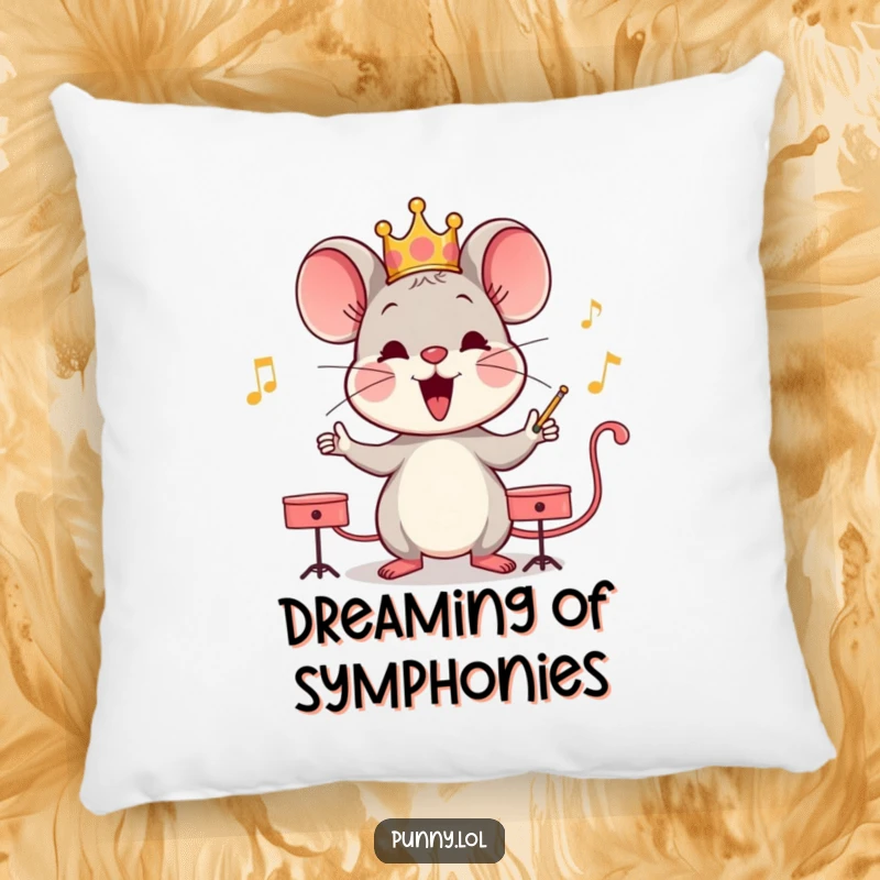 Funny mouse wearing a crown, conducting an orchestra on a soft pillow, bringing comfort and musical cheer.