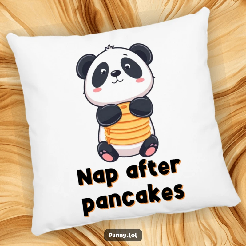Funny pillow with a panda balancing pancakes on its nose, perfect for cozy spaces.