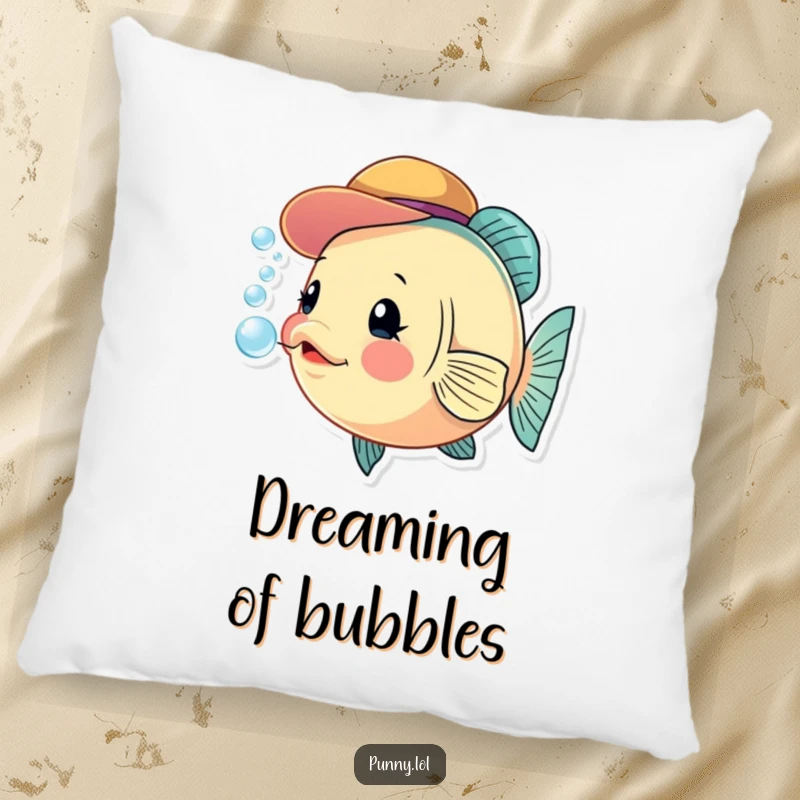Funny fish pillow with a tiny hat, blowing bubbles, offering plush comfort and a charmingly amusing decorative accent.
