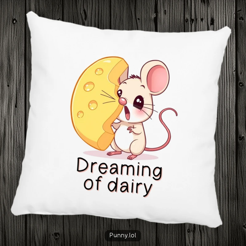 Funny mouse pillow with a plush design of a surprised rodent balancing a giant cheese wheel on its nose.