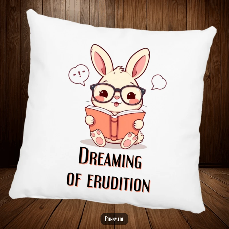 Funny pillow with a cheerful rabbit wearing glasses, reading a book filled with humorous word bubbles, for cozy comfort.