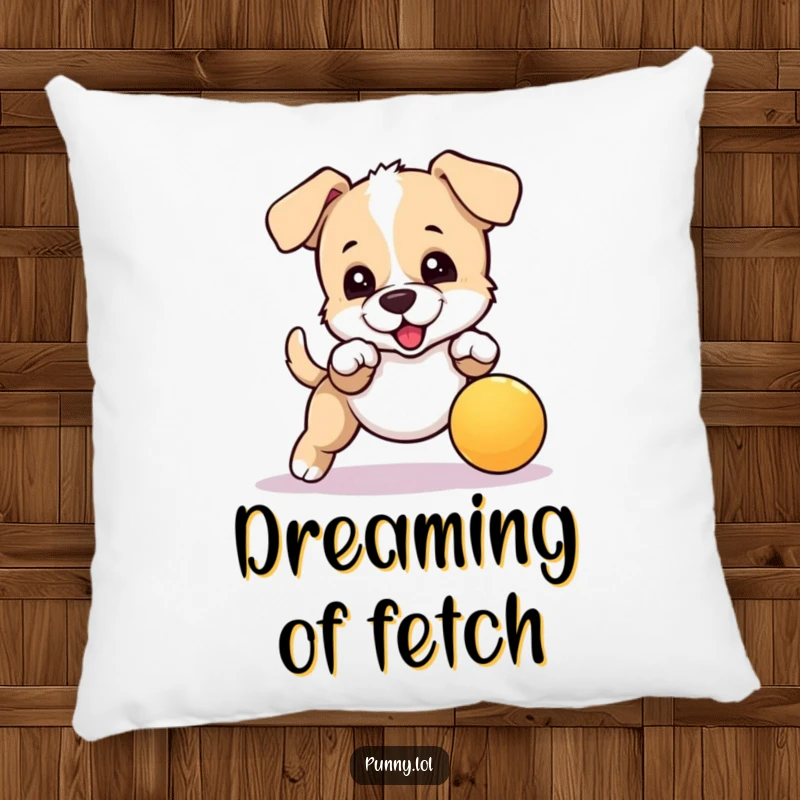 Funny pillow featuring an energetic puppy mid-catch with a bouncing ball; a cute and humorous decorative accent.