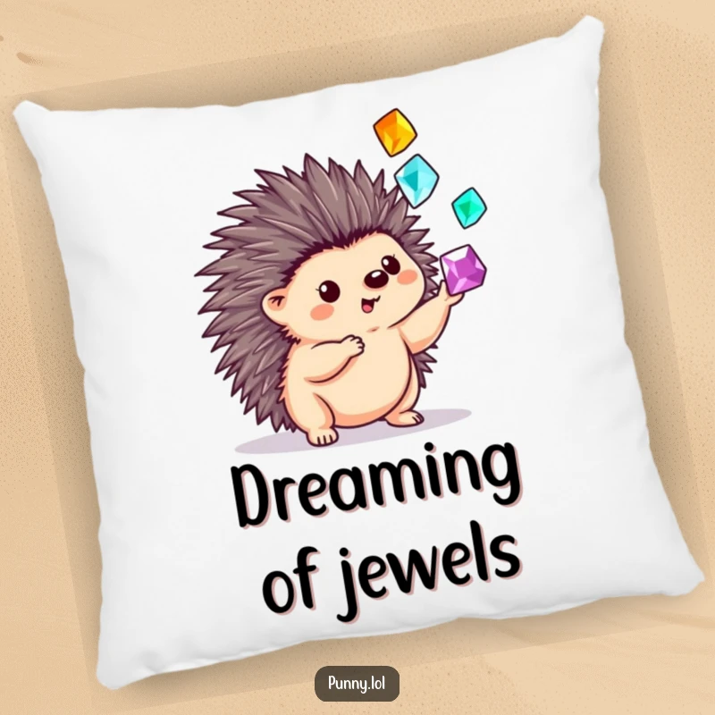 Funny pillow featuring a cute hedgehog juggling sparkling gems with its quills, offering comfort and a touch of playful opulence.