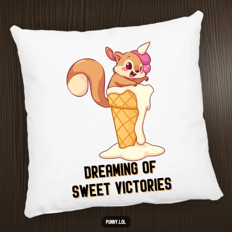 Funny Squirrel Pillow showcasing a determined squirrel trying to climb a giant, melting ice cream cone, perfect for comfort and a funny gift.