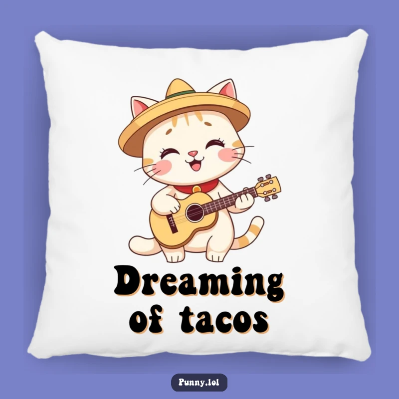 Funny Throw Pillow: Fiesta Cat Playing Guitar - Comfy Decor