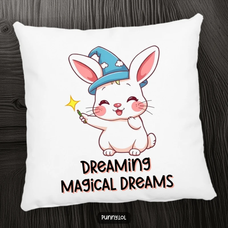 Funny pillow with a rabbit wizard conjuring a sparkle, perfect for magical bedrooms.
